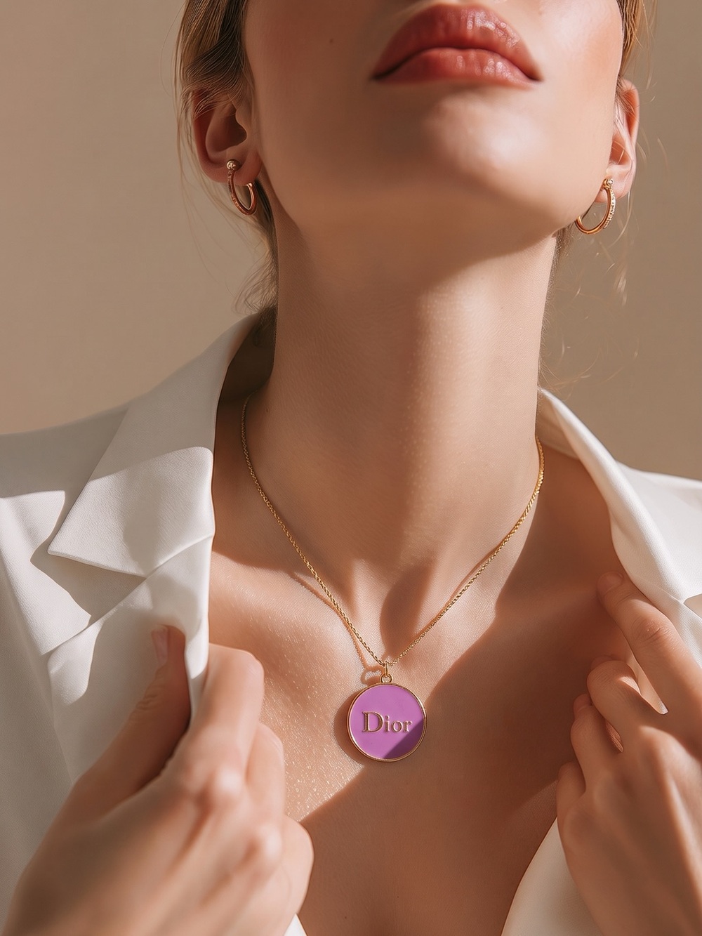 Gold Chain Necklace with Pink Enamel Pendant